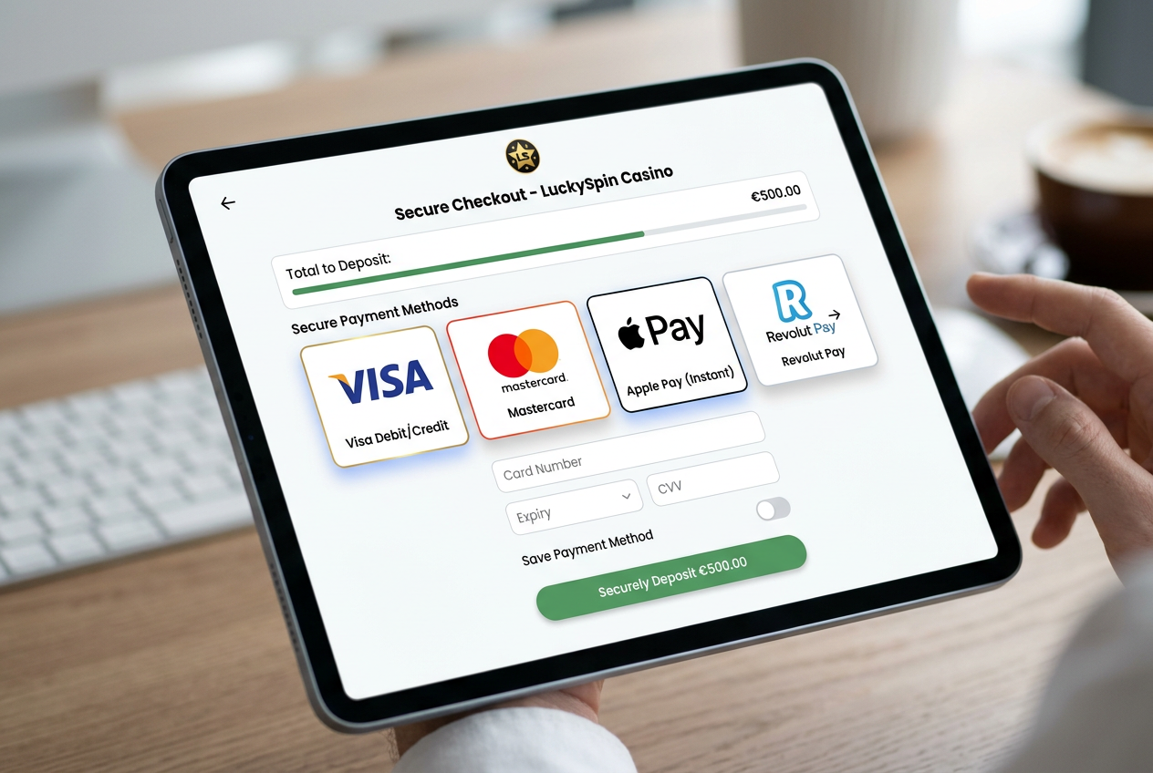 Detailní záběr na platební bránu kasina s logy VISA Mastercard a Revolut Pay