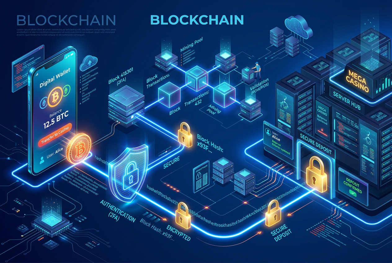 Schéma blockchainové transakce v krypto kasinu ukazuje cestu z digitální peněženky do kasina s prvky zabezpečení