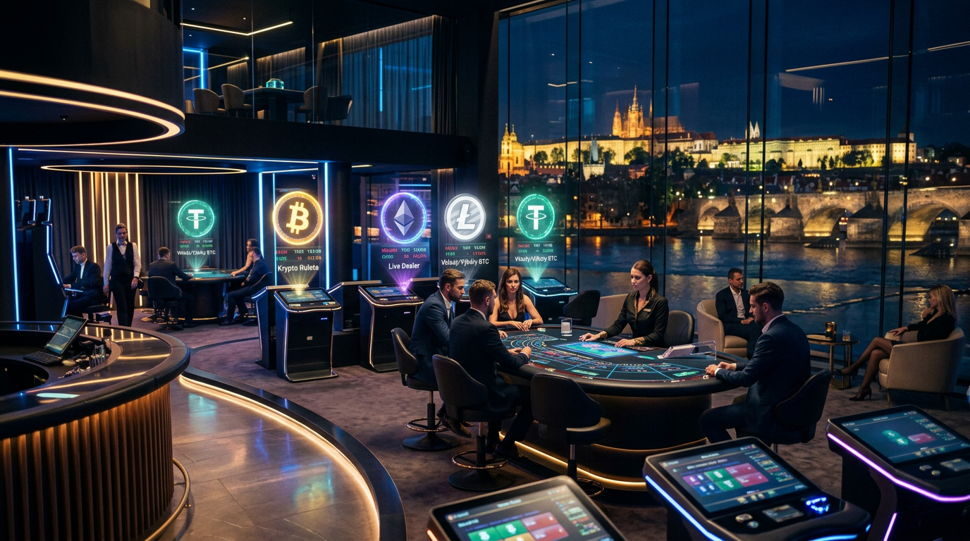 Moderní interiér high-tech krypto kasina s hologramy kryptoměn