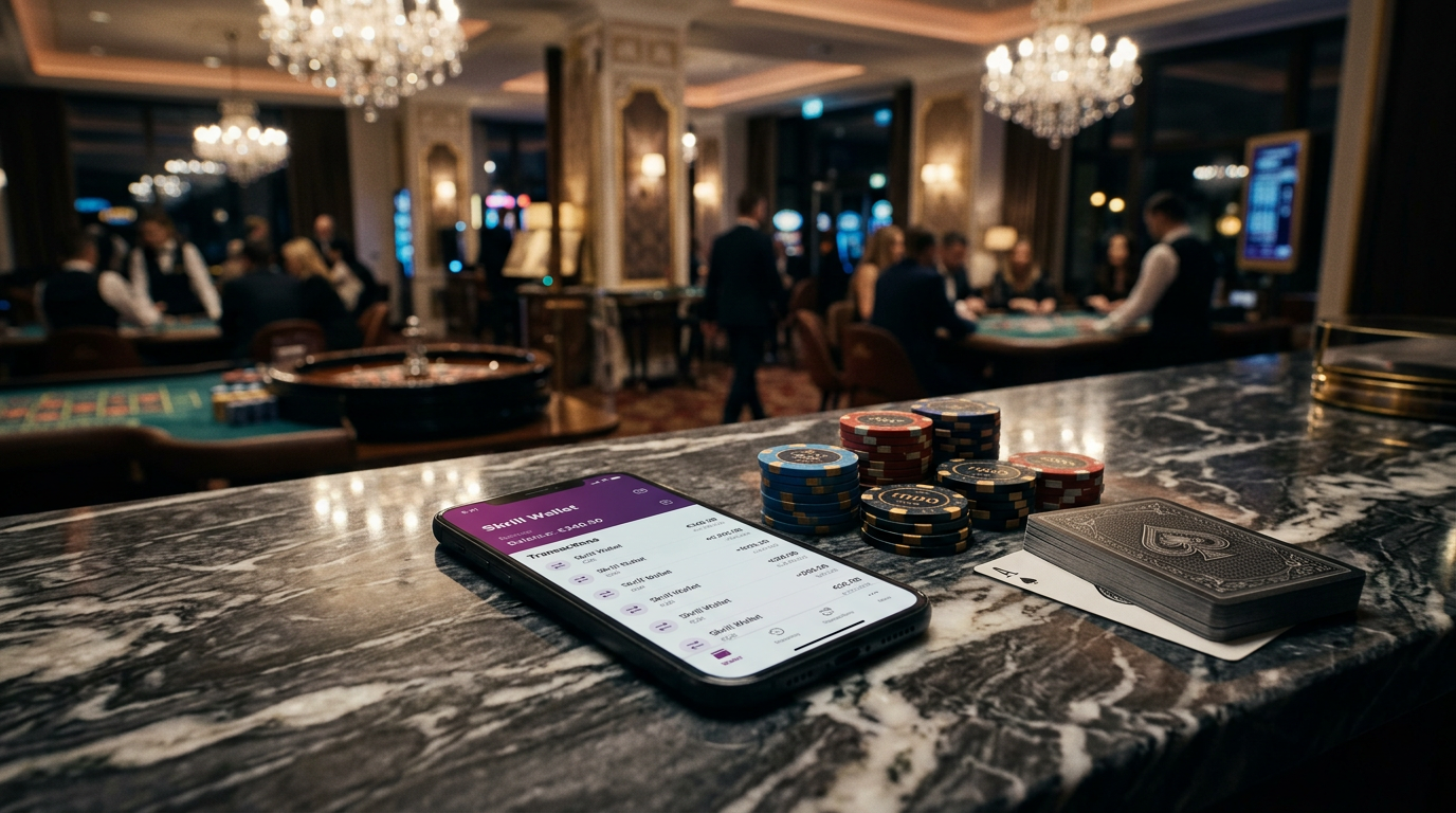Luxusní prostředí kasina s mobilní aplikací Skrill a herními žetony