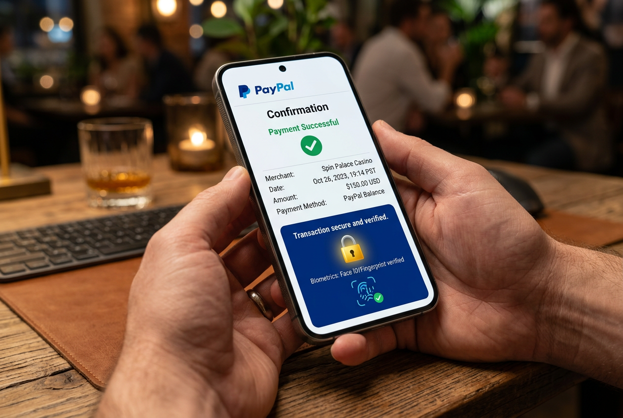 Mobilní telefon s potvrzením platby PayPal pomocí biometrie v prostředí českého kasina
