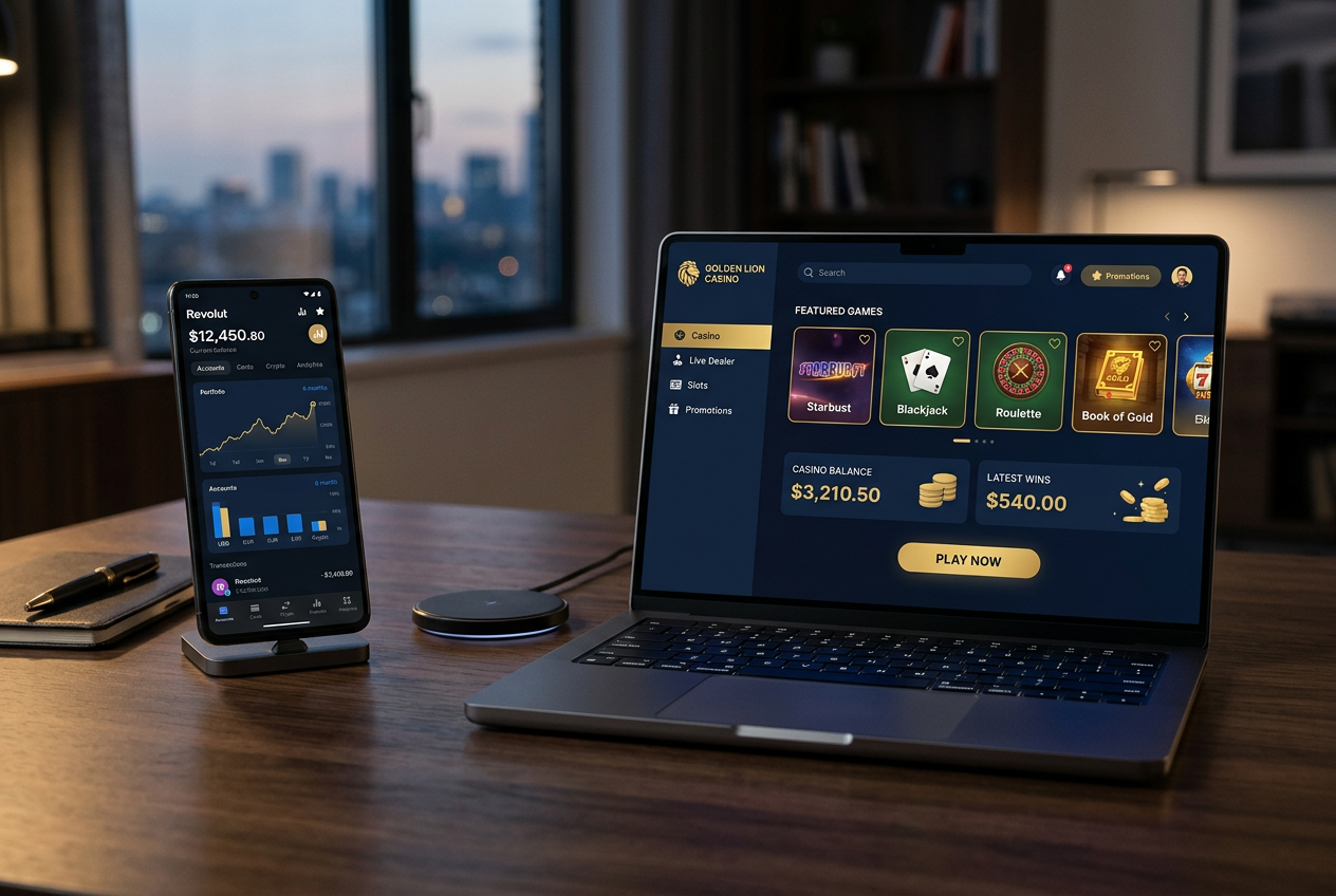 Moderní mobilní rozhraní Revolut s online kasinem v pozadí